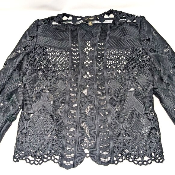 SOLDTed Baker London Black Lace Jacket Blazer Size 0 Open Sheer Dalmy Cropped - Picture 7 of 16